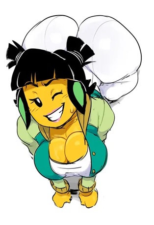 ass, ass focus, big breasts, breasts, cleavage, clothed, cropped, cropped image, detnox, female, female only, higher resolution available, huge ass, lego, lego monkie kid, lipstick, mei (monkie kid), no bra, revealing clothes, sweat, sweatdrop, tagme, yellow body