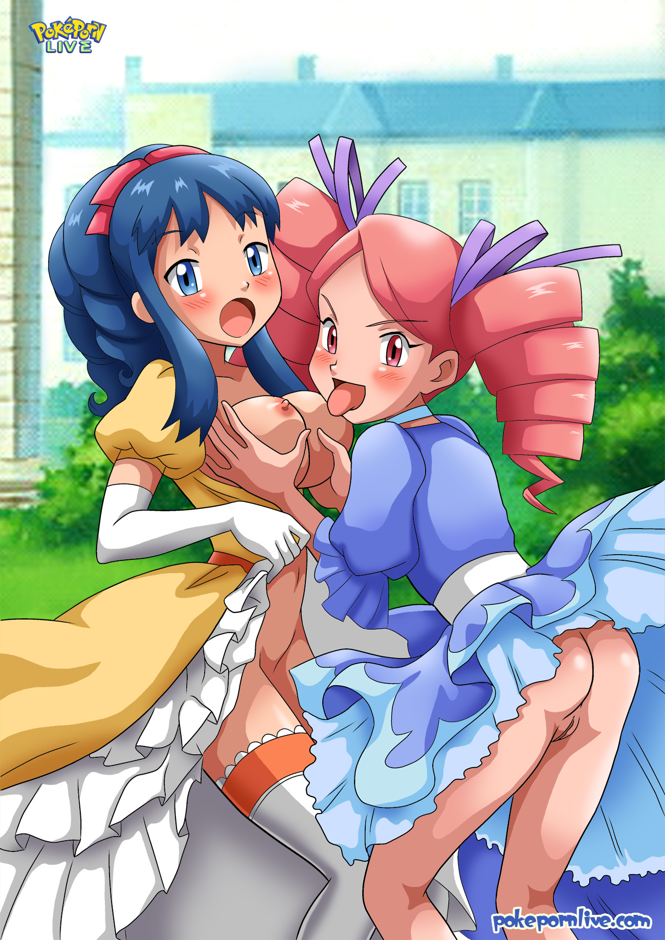 2girls, alternate hairstyle, ass, bare legs, bent over, blue dress, blue eyes, blue hair, blush, bottomless, breast grab, breast lick, breast sucking, breasts, breasts out, building, choker, cleavage, contest dress, creatures (company), dawn (pokemon), day, dress, dress lift, dress up, drill hair, elbow gloves, female, female only, field, game freak, gloves, grass, hair ribbon, high res, highres, human, large breasts, legs, licking, long hair, looking at viewer, moaning, multiple females, multiple girls, naughty face, navel, neck, nintendo, nipples, no panties, open dress, open mouth, outdoors, outside, palcomix, pink eyes, pink hair, pokemon, pokemon (anime), pokemon dppt, pokepornlive, ponytail, pussy, ribbon, shiny, shiny hair, shiny skin, stockings, thighhighs, tied hair, tongue, tongue out, twin drills, ursula (pokemon), white gloves, yellow dress, yuri