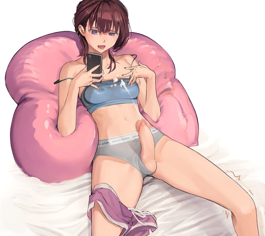 1girls breasts brown_hair cellphone cum cum_on_self futanari grey_panties hands-free holding_object lying mole mole_under_eye mosaic_censoring navel on_back panties phone purple_eyes shiratama shorts_around_one_leg solo