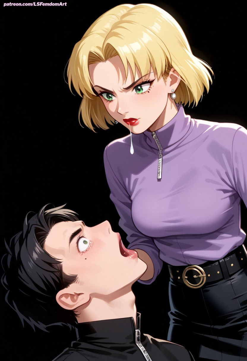 ai_generated belt beltskirt blonde_female dominant_female female_domination femdom humiliation lsfemdomart neon_genesis_evangelion ritsuko_akagi saliva saliva_in_mouth skirt spit_in_mouth spitting spitting_in_mouth submissive_male