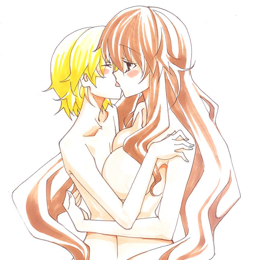 1boy aki_sora aoi_aki aoi_sora blonde_hair blush breasts brother_and_sister brown_eyes brown_hair closed_eyes female femboy hug incest itosugi_masahiro kissing large_breasts long_hair nude short_hair siblings simple_background tagme tongue very_long_hair