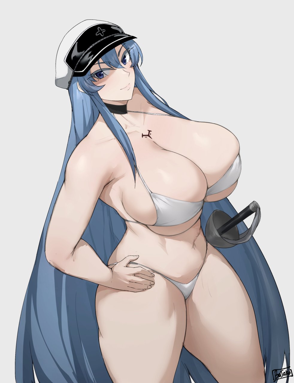 1girls akame_ga_kill! batako big_breasts bikini blue_eyes blue_hair esdeath_(akame_ga_kill!) female female_only large_breasts solo