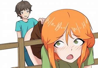 1boy 1girls alex_(minecraft) blush brown_hair brunette embarrassed ginger imminent_sex lifting_skirt minecraft orange_hair steve_(minecraft) stuck stuck_in_fence tagme