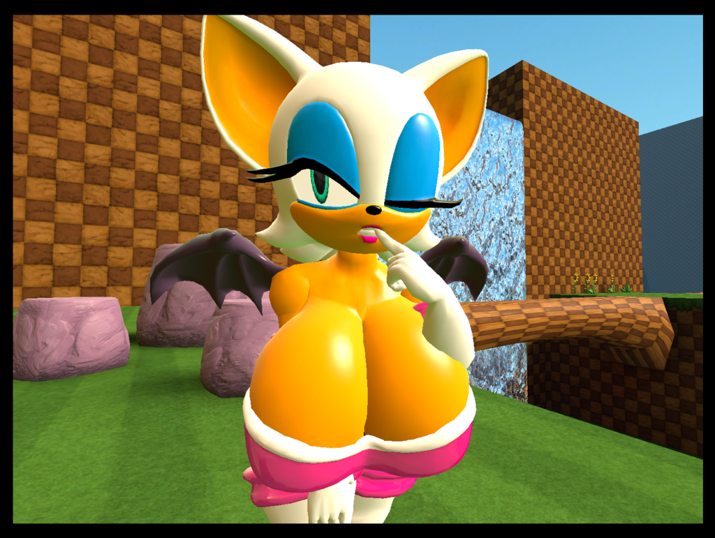 3d 3d_model bent_over biting_finger blue_eyeshadow breasts elbow_gloves eyelashes female gloves green_hill_zone huge_breasts kabalmystic large_breasts lipstick mobian mobian_(species) mobian_bat naughty_face one_eye_closed rouge_the_bat rouge_the_bat_(kabalmystic) sega sonic_(series) sonic_adventure_2 sonic_the_hedgehog_(series) tan_skin teal_eyes thighhigh_boots white_fur wings