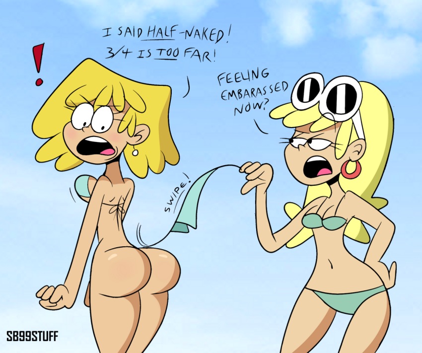 !, ?, 2girls, angry, ass, assisted exposure, bangs, big ass, bikini, bikini bottom removed, bimbo, black eyes, blonde hair, blush, bottomless, breasts, bubble ass, bubble butt, cleavage, duo, earrings, english text, eyelashes, eyeshadow, female, female only, first porn of character, hand on hip, hoop earrings, human, large ass, leni loud, long hair, looking back, looking down, lori loud, medium breasts, navel, nickelodeon, open mouth, outdoors, scobionicle99, short hair, siblings, side-tie bikini, sideboob, sisters, standing, straight hair, string bikini, sunglasses, sunglasses on head, text, the loud house, yellow hair