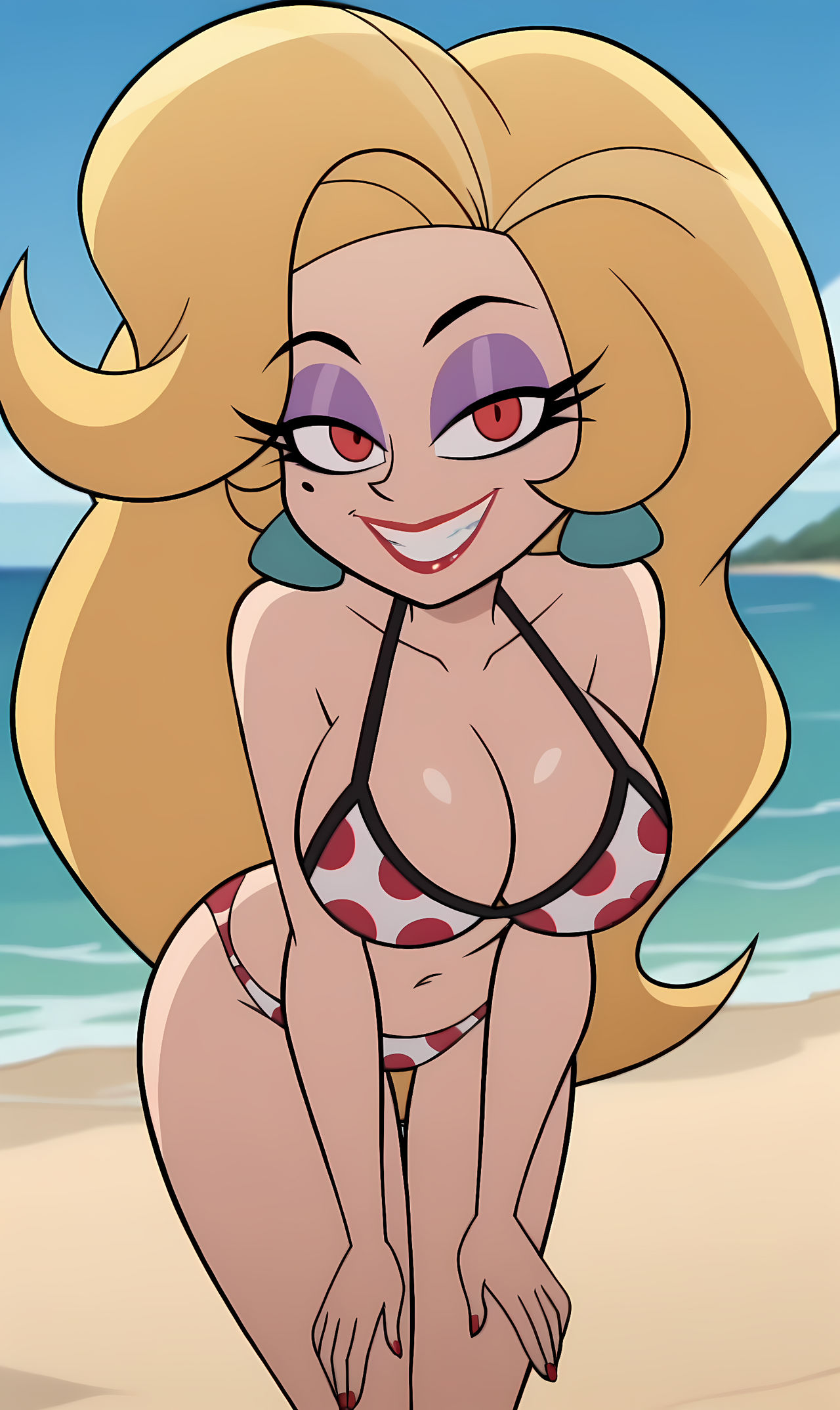 accurate_art_style ai_generated beach beauty_mark bending_forward big_breasts bikini blonde_hair bonnieaiart cleavage earrings eyeshadow female female_only looking_at_viewer martha_(helluva_boss) nai_diffusion official_style outdoors polka_dot_bikini solo stable_diffusion tagme