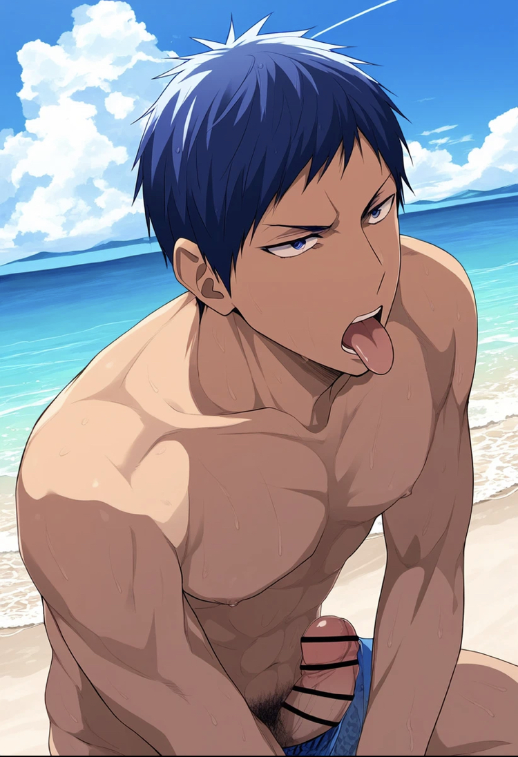 ai_generated angry_face aomine_daiki blue_eyes daiki_aomine kuroko's_basketball kuroko_no_basuke male male_focus male_only muscles navy_blue_hair penis pubic_hair tan_skin tongue_out