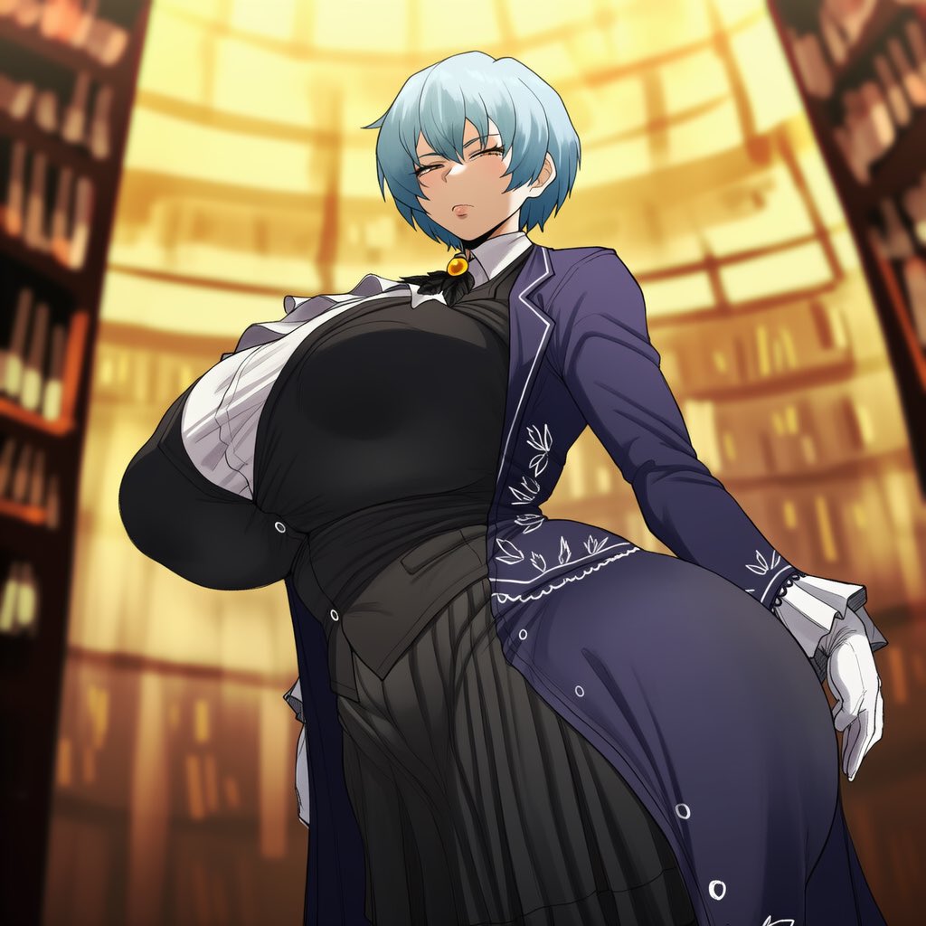 1girls, ai generated, angela (lobotomy corporation), annoyed expression, ass, ass bigger than head, blue hair, breasts, breasts bigger than head, child bearing hips, cinderhee, fancy clothing, female, female only, gloved hands, gloves, huge ass, huge breasts, indoors, large ass, library, library of ruina, lobotomy corporation, looking at viewer, looking down, machine, project moon, robot, robot girl, shirt, short hair, skirt, tagme, tight clothes, wide hips, yellow eyes