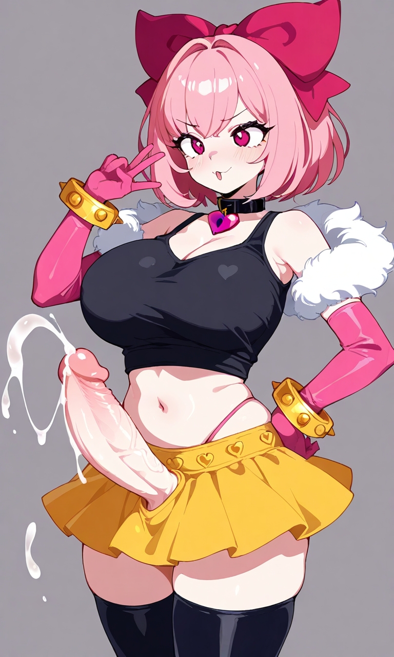 1futa ai_generated bashli big_penis black_shirt brawl_stars crop_top cum futanari huge_breasts melodie_(brawl_stars) necklace pink_eyes pink_gloves pink_hair solo solo_futa yellow_bracelet yellow_skirt