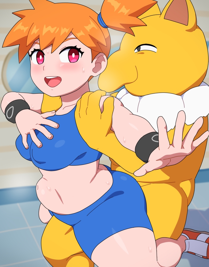 1boy 1girls ambiguous_penetration asymmetrical_hair blue_shorts blush breasts bright_pupils bulge clothed_sex creatures_(company) crop_top double_underhook female female_penetrated game_freak gen_1_pokemon gym_leader hypno hypnosis indoors interspecies kabeume kasumi_(pokemon) looking_at_viewer male_pokemon/female_human medium_breasts midriff mind_control navel nintendo open_mouth orange_hair pink_eyes pokemon pokemon_(anime) pokemon_(classic_anime) pokemon_(species) pokemon_rgby pokephilia ponytail reverse_stand_and_carry_position reverse_suspended_congress sex sex_from_behind shirt short_hair shorts side_ponytail smile spread_legs standing stomach_bulge straight sweat teeth thick_thighs thighs tongue upper_teeth_only white_pupils wristband yellow_body