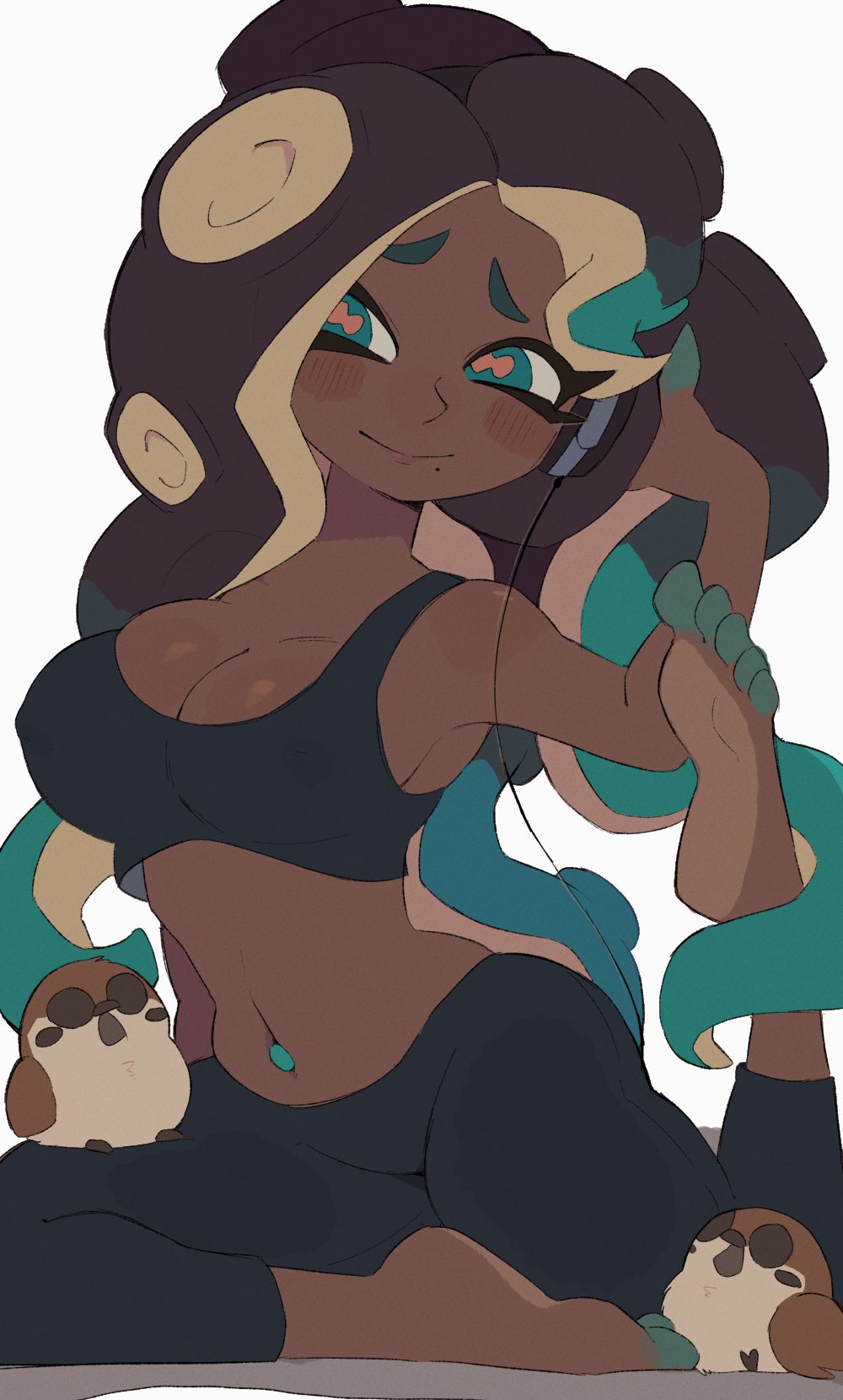 aqua_eyes aqua_hair aqua_pantyhose artist_name bare_shoulders big_breasts black_gloves black_shirt black_shorts blush_stickers breasts brown_hair cephalopod_eyes cleavage cowboy_shot crop_top dark-skinned_female dark_skin female fingerless_gloves furrowed_brow gloves grin hair_over_one_eye hand_on_own_hip headphones highres horizontal_pupils kiirono large_breasts long_hair looking_at_viewer marina_(splatoon) midriff mole mole_under_mouth multicolored_hair navel_piercing nipples nipples_visible_through_clothing octoling one_eye_covered parted_bangs piercing pillow_shading pink_pupils see-through see-through_clothing shirt shorts simple_background smile solo splatoon splatoon_(series) splatoon_2 suction_cups tentacle_hair two-tone_hair very_long_hair white_background