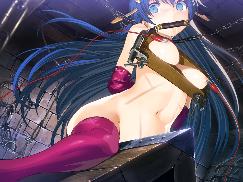 alicesoft arms_behind_back bit_gag blue_eyes blue_hair bondage breast_press breast_press_(device) breasts chains drooling elbow_gloves electrostimulation femsub gag gagged game_cg gloves hair_ornament helpless imminent_torture lia_parapara_leazas long_hair medium_breasts midriff naked_gloves naked_stockings navel nipple nude purple_legwear purple_thighhighs rance_(series) rance_03 saliva sitting stockings tears thighhighs whip_marks wooden_horse