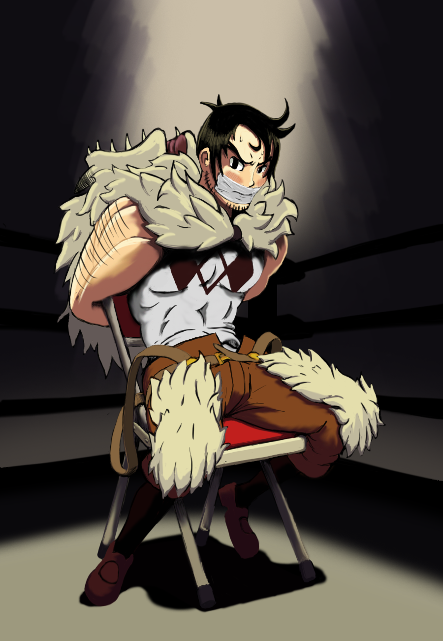 beowulf_(skullgirls) bondage bound duct_tape duct_tape_gag folding_chair fur_cape gagged hairy_arms herrilos_(artist) male_only muscular muscular_male skullgirls wolf wrestling wrestling_ring