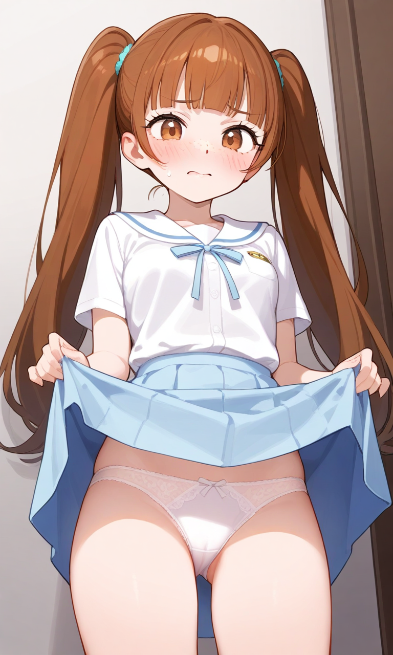 1girls ai_generated bangs blush brown_eyes embarrassed female female_only fringe fully_clothed lifting_skirt panties petite school_uniform schoolgirl shirt showing_panties shy skirt twintails twintails yui_chan