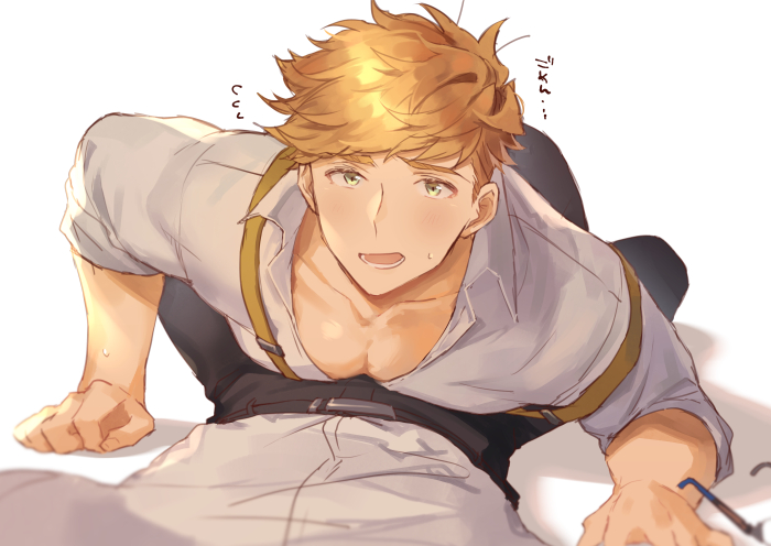 apologetic blush embarrassed fully_clothed glasses_removed granblue_fantasy higashigunkan looking_at_viewer male_cleavage vane_(granblue_fantasy)