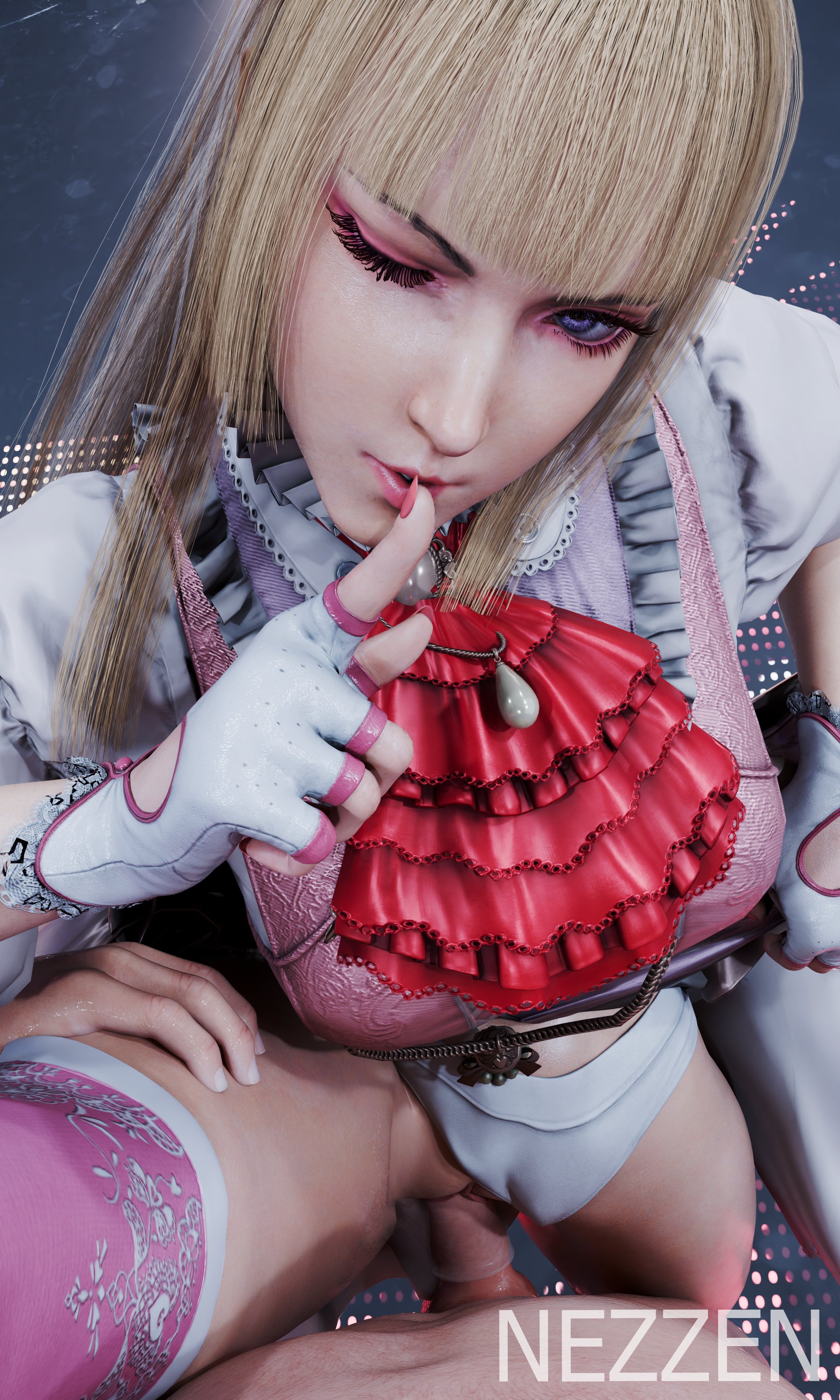 3d, blonde hair, emilie de rochefort, female, female focus, long hair, makeup, male, nezzen, partial male, purple eyes, pussy, sex, standing, standing sex, tekken, tekken 8, vagina, vaginal penetration, vaginal sex, wink, winking at viewer