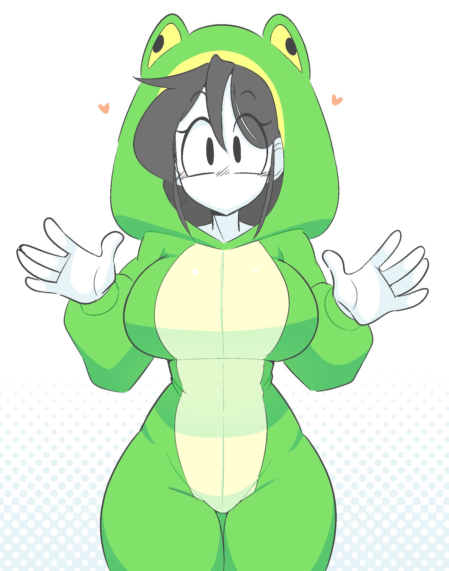 big_breasts black_eyes black_hair breast_outline female female_focus female_only fit fit_female frog_girl frog_onesie green_clothing humanoid marie_(tag-a-long) mime mime_girl mouthless mouthless_female onesie original original_art original_artwork tag-a-long white_body white_skin