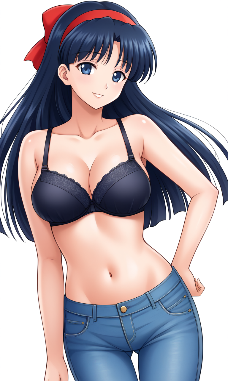 1girls big_breasts black_bra blue_eyes blue_hair bra breasts busty cleavage confident female female_only hair_ribbon hand_on_hip hi_res jeans king_of_fighters large_breasts legs long_hair nakoruru navel pants parted_lips pose posing samurai_shodown simple_background smile snk solo thighs voluptuous white_background