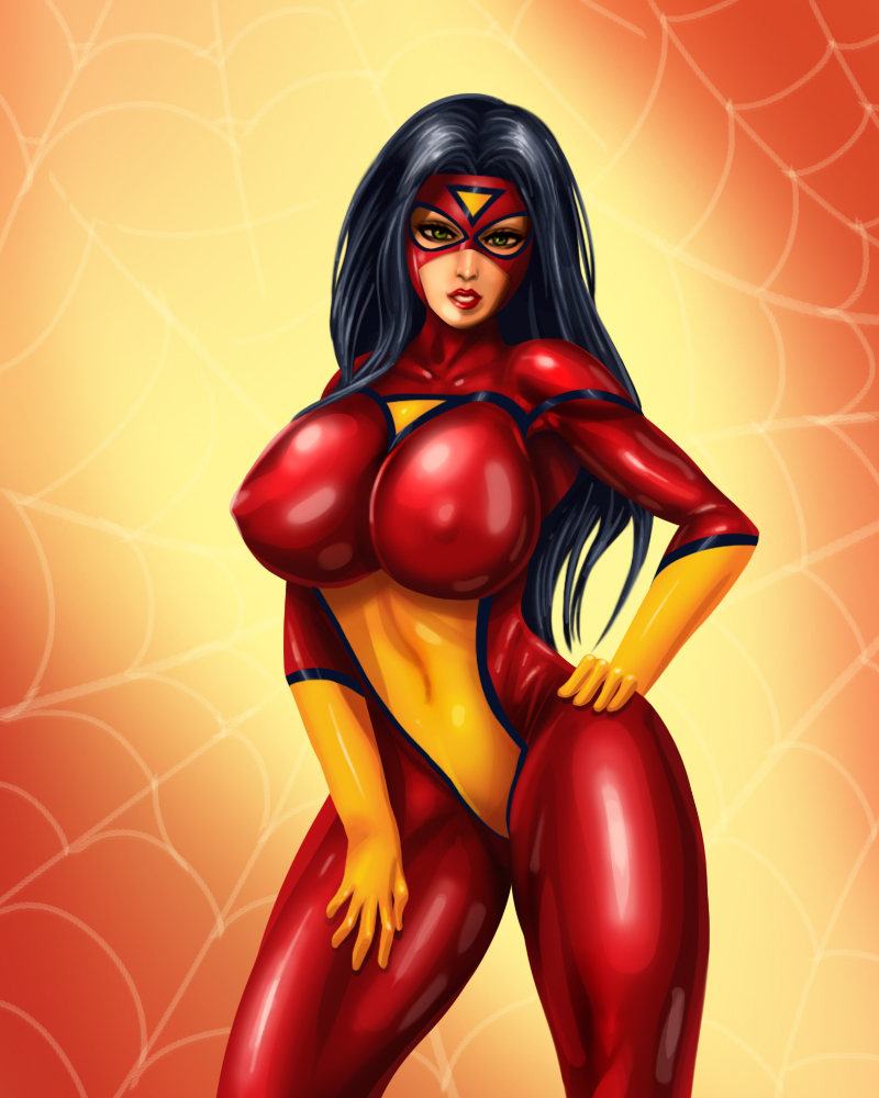 1girls, black hair, bodysuit, breasts, curvy, female, gloves, green eyes, huge breasts, jessica drew, lipstick, long hair, looking at viewer, marvel, marvel comics, mask, nipples, nipples visible through clothing, pinup, pose, shiny, shiny clothes, simple background, skin tight, smile, solo, spider-man (series), spider-woman, standing, svoidist, voluptuous, yellow gloves
