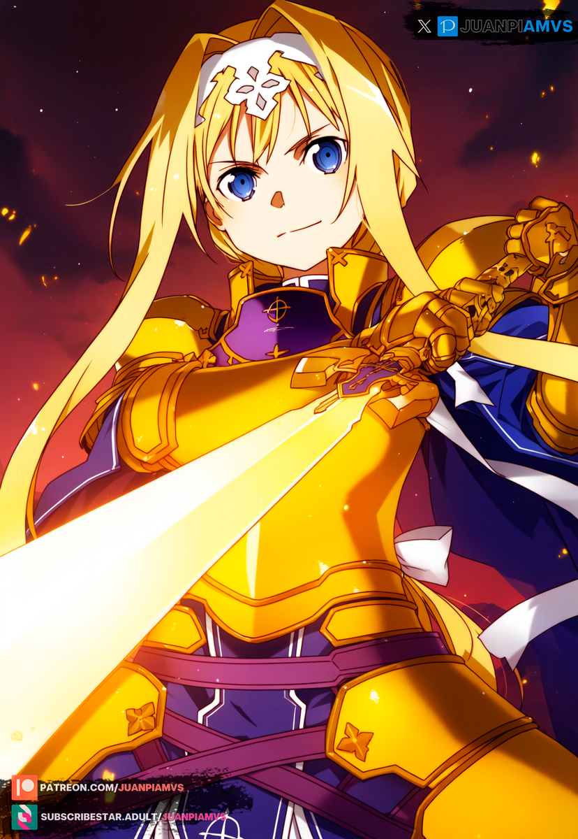 ai_generated alice_schuberg armor blonde_hair blue_eyes braided_hair coating female juanpiamvs long_hair patreon patreon_username subscribestar subscribestar_username sword sword_art_online watermark