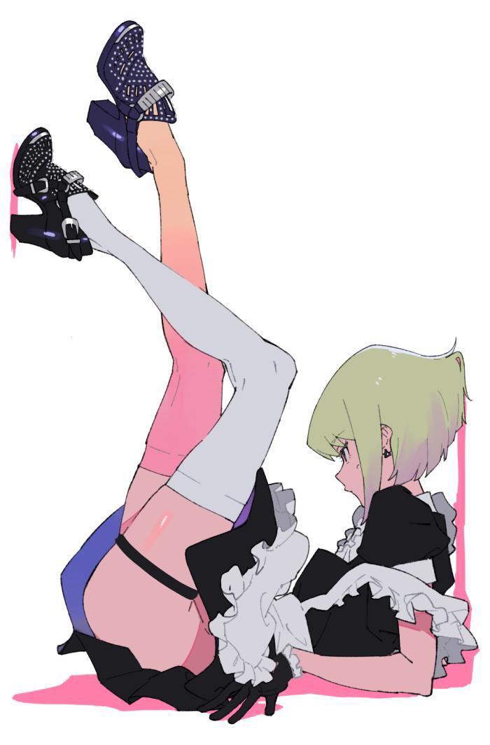 1boy, 2d, 2d (artwork), androgynous, artist request, blonde hair, bob cut, crossdressing, femboy, femboy only, feminine male, heels, lio fotia, maid, maid uniform, male, miniskirt, no panties, no underwear, petite, petite body, petite male, promare, short hair, slim, slim male, slim waist, solo, stockings, thigh strap, thighhighs, twink