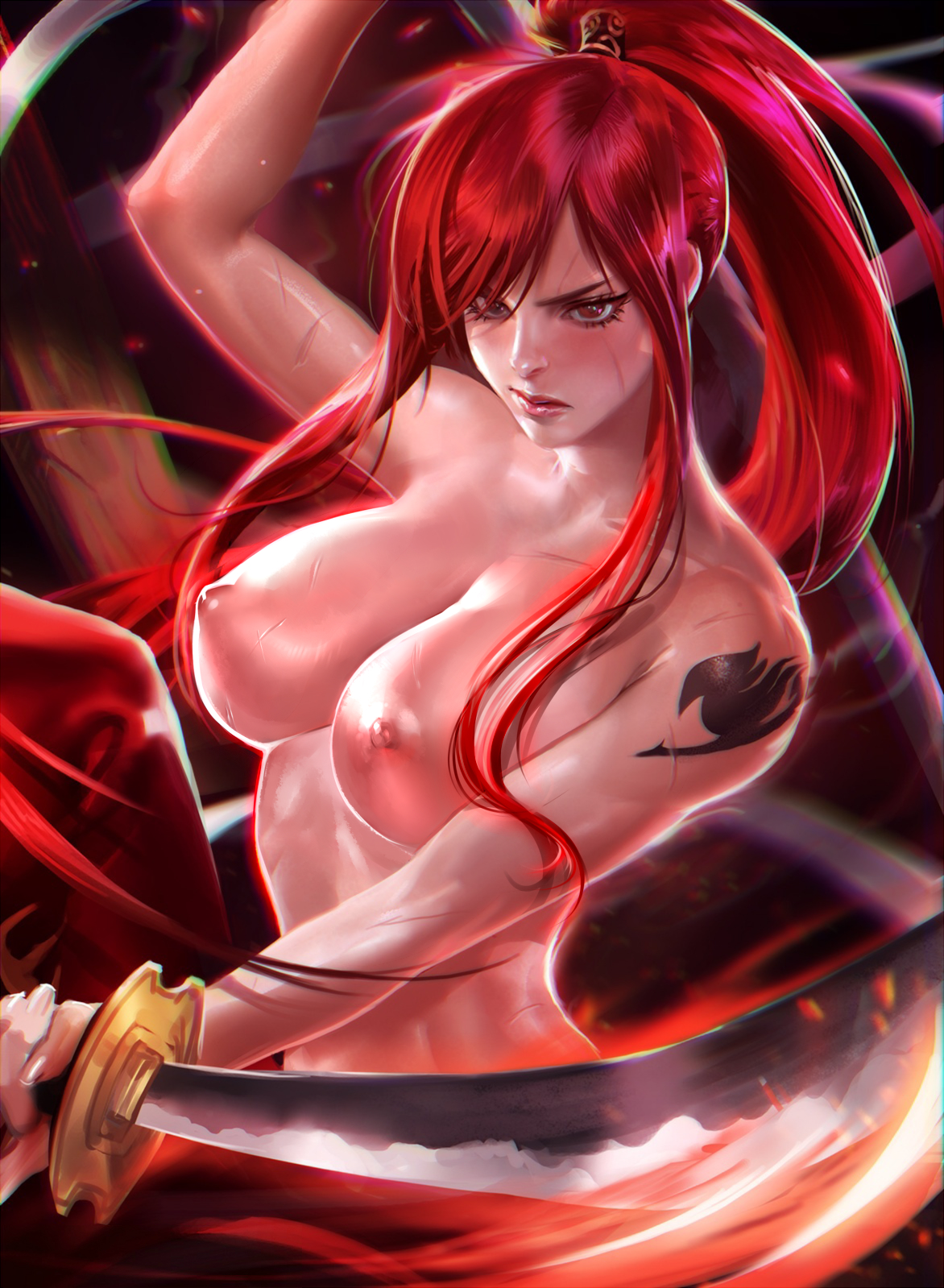 1girls, arm tattoo, blue tattoo, breasts, erza scarlet, facial scar, fairy tail, fairy tail mark, female, female only, human, large breasts, nipples, nude, ponytail, red hair, red-haired female, sakimichan, scar, solo, sword, tattoo, tied hair, topless, weapon