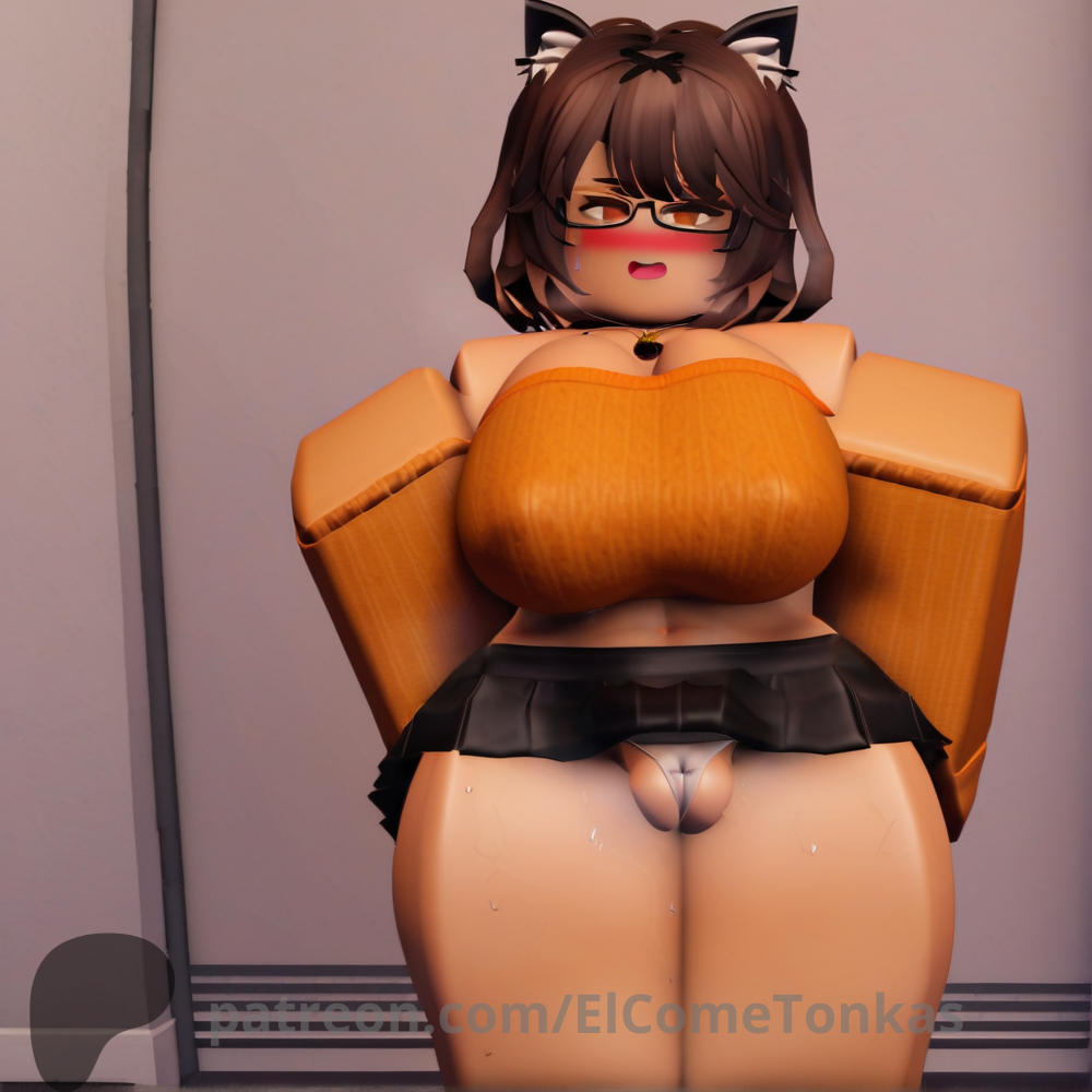 ai_generated big_breasts black_panties blush brown_hair cameltoe cat_collar cat_ears catgirl elcometonkas glasses musky orange_sweater roblox sweat white_panties white_skin