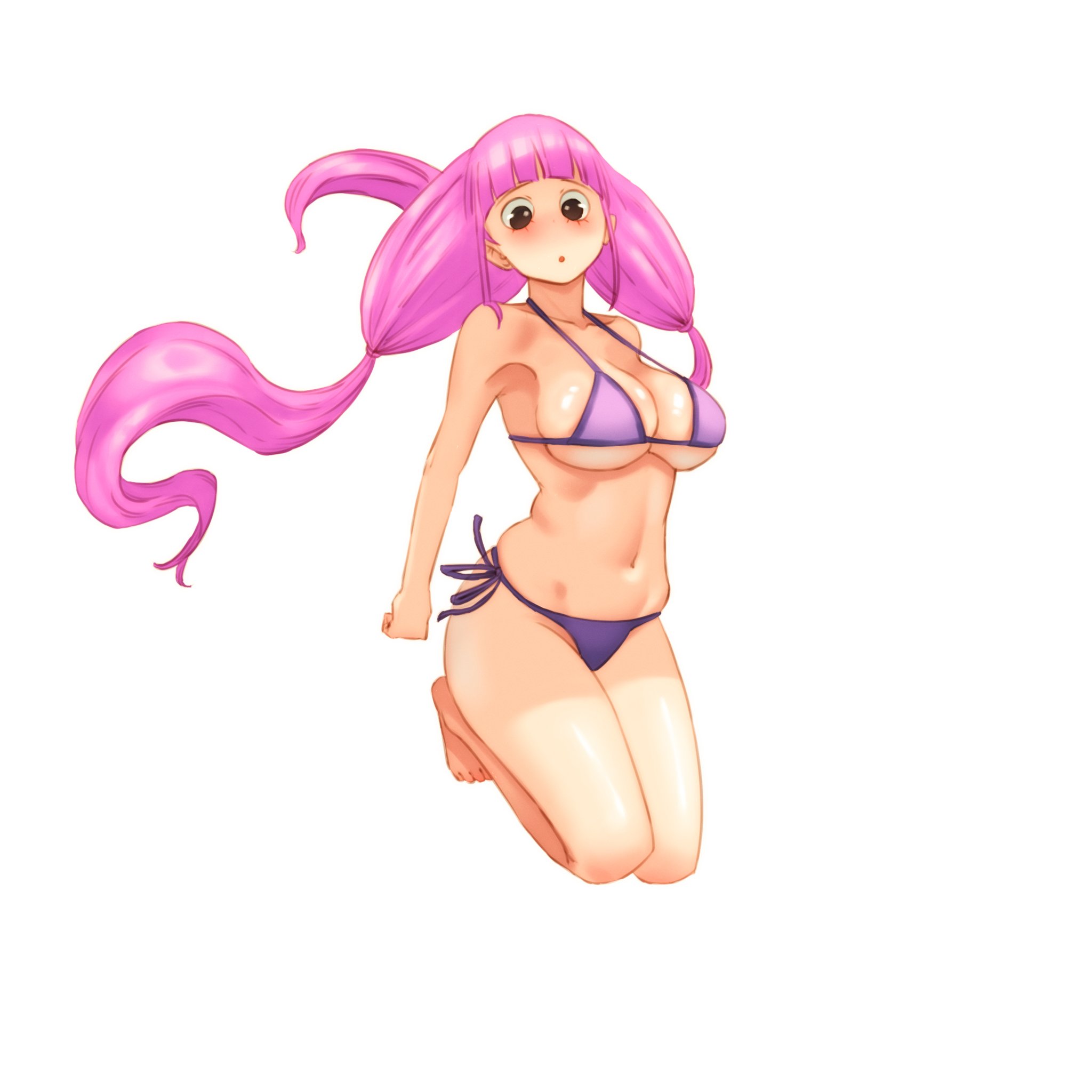 1girls, adult, adult female, armpits, bare armpits, bare belly, bare calves, bare chest, bare hands, bare hips, bare knees, bare legs, bare midriff, bare navel, bare shoulders, bare thighs, barefoot, belly, belly button, bewitching thighs, bikini, bikini bottom, bikini only, bikini top, blunt bangs, breasts, brown eyes, brown-eyed female, busty, busty female, calves, child bearing hips, cleavage, clothing, collarbone, curvaceous, curvaceous body, curvaceous female, curvaceous figure, curvaceous hips, curvy, curvy body, curvy female, curvy figure, curvy hips, exposed armpits, exposed arms, exposed belly, exposed chest, exposed hips, exposed legs, exposed midriff, exposed navel, exposed shoulders, exposed skin, exposed thighs, exposed toes, feet, female, female focus, female only, fingers, full body, futz 11, ghost girl, groin, halterneck, high resolution, highres, hourglass figure, knees, large breasts, lean figure, legs, long hair, looking at viewer, mature, mature female, midriff, narrow waist, navel, one piece, perona, pink eyebrows, pink hair, pink-haired female, purple bikini, purple bikini bottom, purple bikini top, purple string bikini, purple swimsuit, purple swimwear, shoulders, side-tie bikini, simple background, slender body, slender waist, slim waist, solo, string bikini, swimsuit, swimwear, thighs, toes, twintails, twintails (hairstyle), very long hair, white background, wide hips