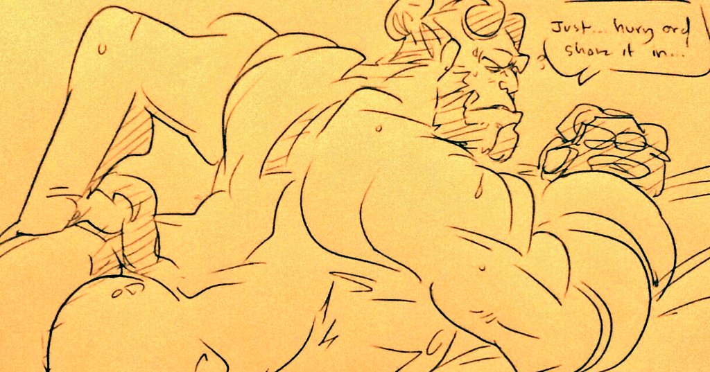 ass bara demon facial_hair hellboy hellboy_(series) male male_only monochrome muscles muscular nude sideburns solo solo_male speech_bubble staticlustdemons wuffinarts