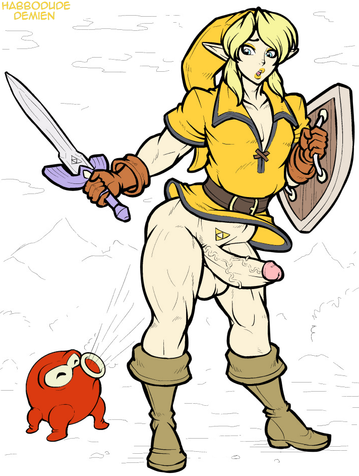 2015 alternate_version_available assisted_exposure balls bottomless demien erection femboy girly habbodude half-dressed holding_weapon hylian link male male_bimbo male_only nintendo octorok penis shield sword the_legend_of_zelda weapon