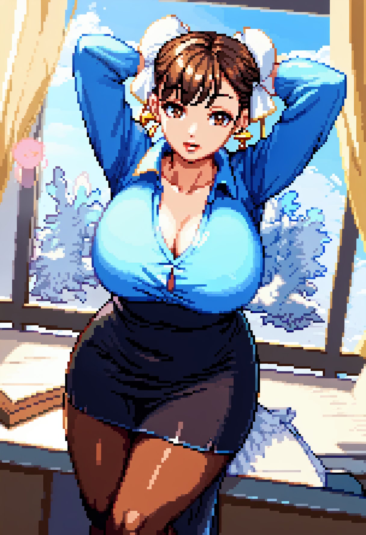 1girls ai_generated arms_behind_head big_breasts breasts brown_eyes brown_hair bursting_breasts busty capcom chun-li cleavage double_bun female female_only hair_bun highres large_breasts legs looking_at_viewer office_lady pantyhose pixel_art red_lips skirt smile street_fighter thick_thighs thighs voluptuous wide_hips