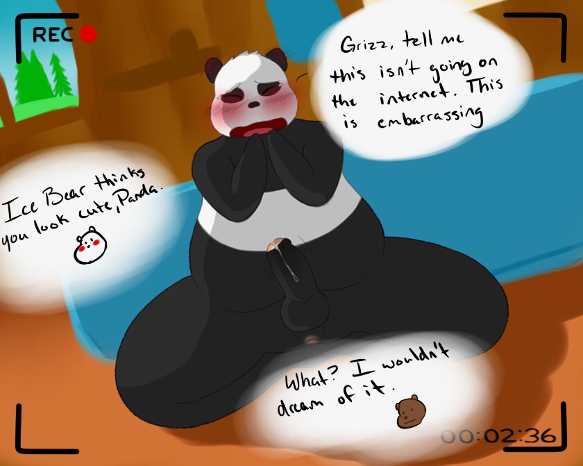 anthro anthro_only anus balls bear blush camera_view closed_eyes dialogue embarrassed english_text erection fur grizzly_(character) ice_bear irony jakewoolson2014_(artist) male male_only mammal nude panda panda_(character) penis precum recording spread_legs spreading text thick_thighs unseen_character we_bare_bears