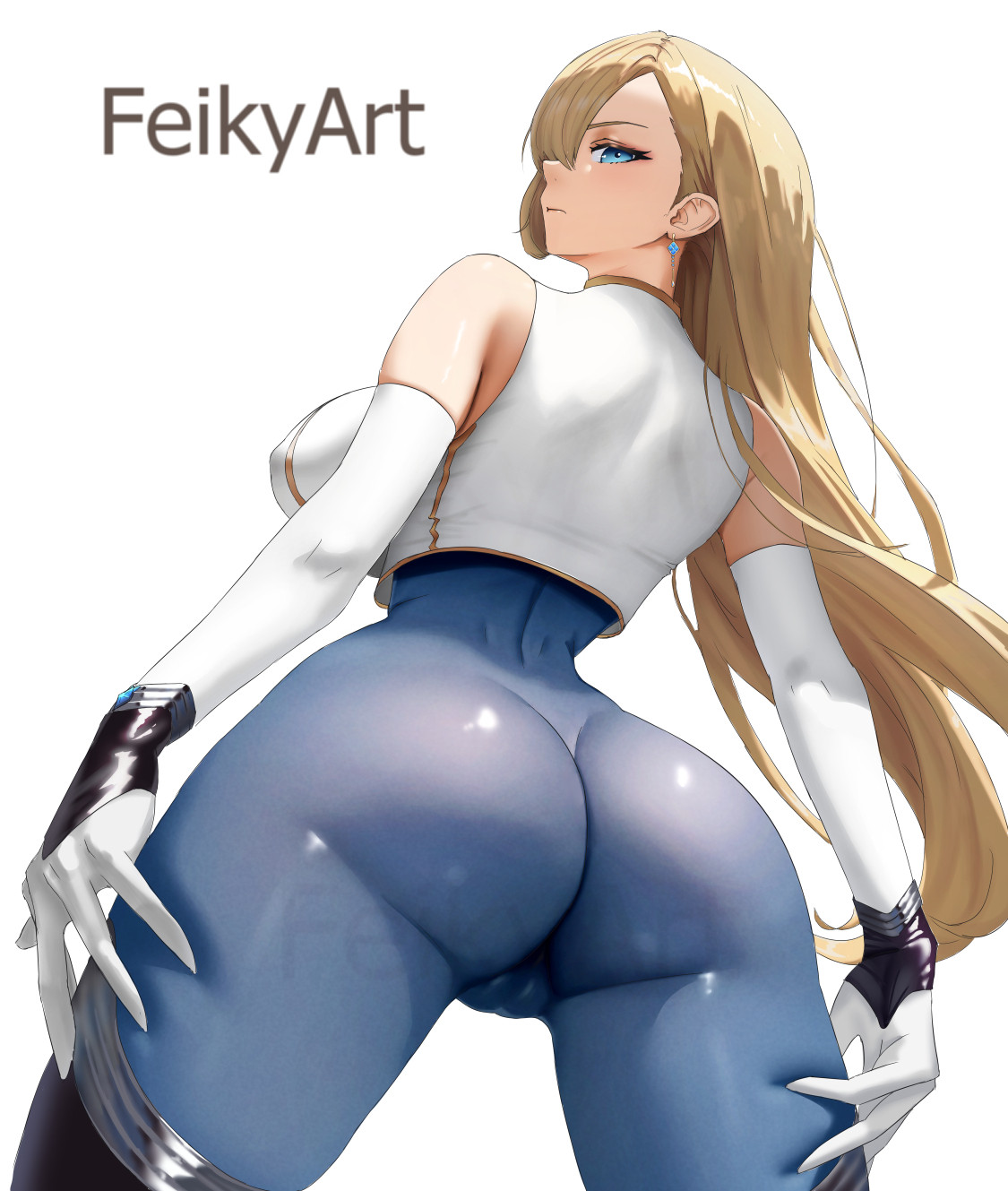 artist name, ass, ass focus, backboob, big breasts, blonde hair, blue eyes, bodystocking, bodysuit, breasts, brown dust (series), brown dust 2, bubble ass, bubble butt, cameltoe, closed mouth, cowboy shot, earrings, elbow gloves, feikyart, female, from behind, gloves, hands on own thighs, highres, jewelry, large breasts, looking at viewer, looking back, presenting ass, pussy, simple background, skin tight, snowbunny, solo, solo female, white background, white gloves, wilhelmina (brown dust)