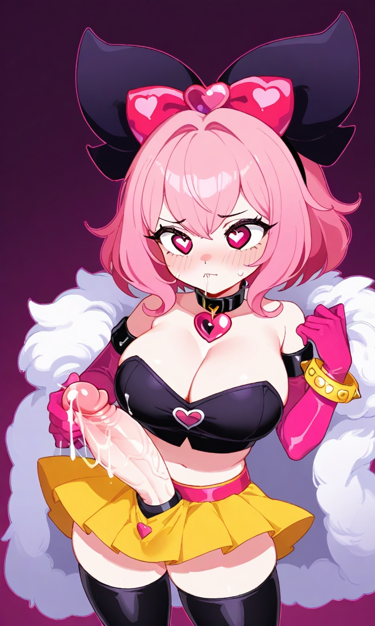 1futa ai_generated bashli big_penis black_shirt brawl_stars crop_top cum futanari huge_breasts melodie_(brawl_stars) necklace pink_eyes pink_gloves pink_hair solo solo_futa yellow_bracelet yellow_skirt