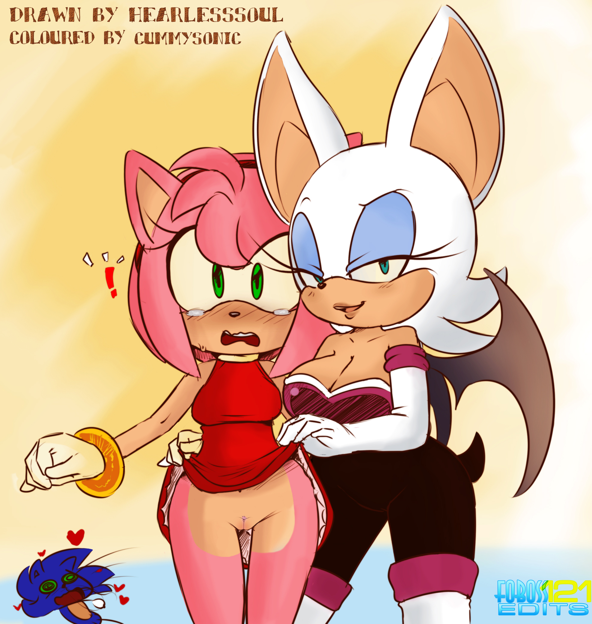1boy, 2girls, amy rose, anthro, bat, blue eyes, blue fur, blue hair, blush, cameltoe, clitoris, cummysonic, cyan eyes, dress, dress lift, dress pull, embarrassed, female, foboss121, fur, furry, green eyes, hearlesssoul, hedgehog, male, mammal, multiple females, multiple girls, no panties, pink fur, pink hair, pussy, rouge the bat, sega, sonic (series), sonic the hedgehog, sonic the hedgehog (series), white fur, white hair