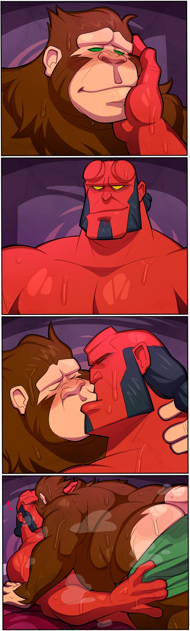 anthro ass bara demon facial_hair furry gay gorilla hellboy hellboy_(series) kissing male male_only muscles muscular musk nude sideburns sweat sweating trashtoonz