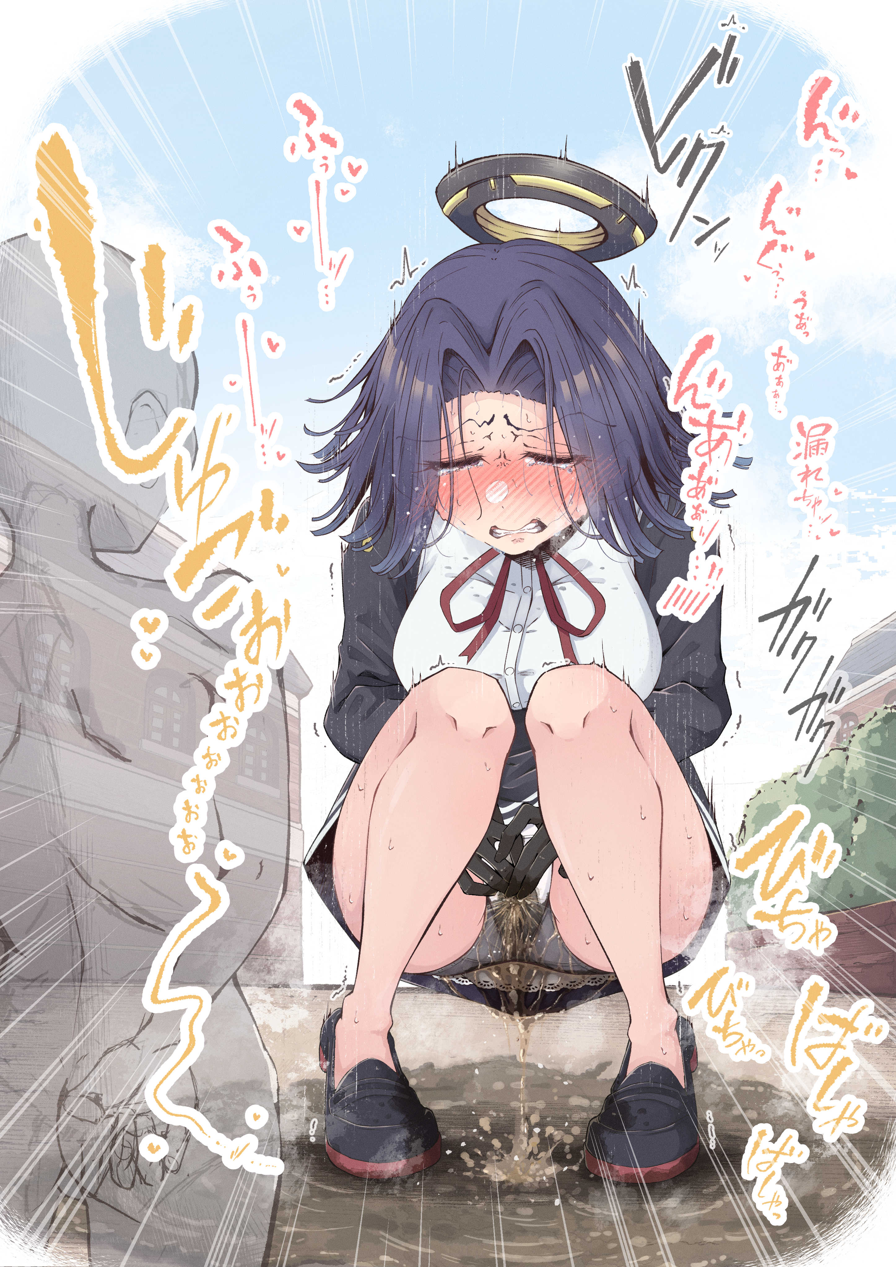 1girls, 1other, blush, breasts, camphor (camphor laurel), clenched teeth, female, kantai collection, large breasts, panties, pee puddle, peeing, peeing self, puddle, purple hair, shirt, squatting, stained panties, tatsuta (kantai collection), underwear, white panties, white shirt