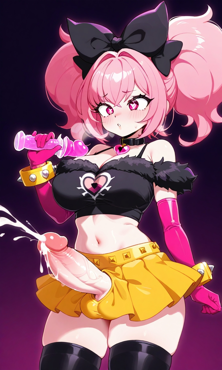 1futa ai_generated bashli big_penis black_shirt brawl_stars crop_top cum futanari huge_breasts melodie_(brawl_stars) necklace pink_eyes pink_gloves pink_hair solo solo_futa yellow_bracelet yellow_skirt