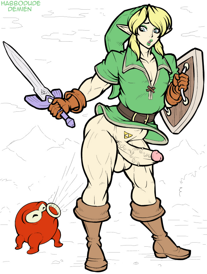 2015 alternate_version_available assisted_exposure balls bottomless clothing demien erection femboy full-length_portrait full_length girly habbodude half-dressed holding_weapon hylian link link_(ocarina_of_time) male male_bimbo male_only nintendo ocarina_of_time octorok penis portrait shield standing sword the_legend_of_zelda tunic weapon