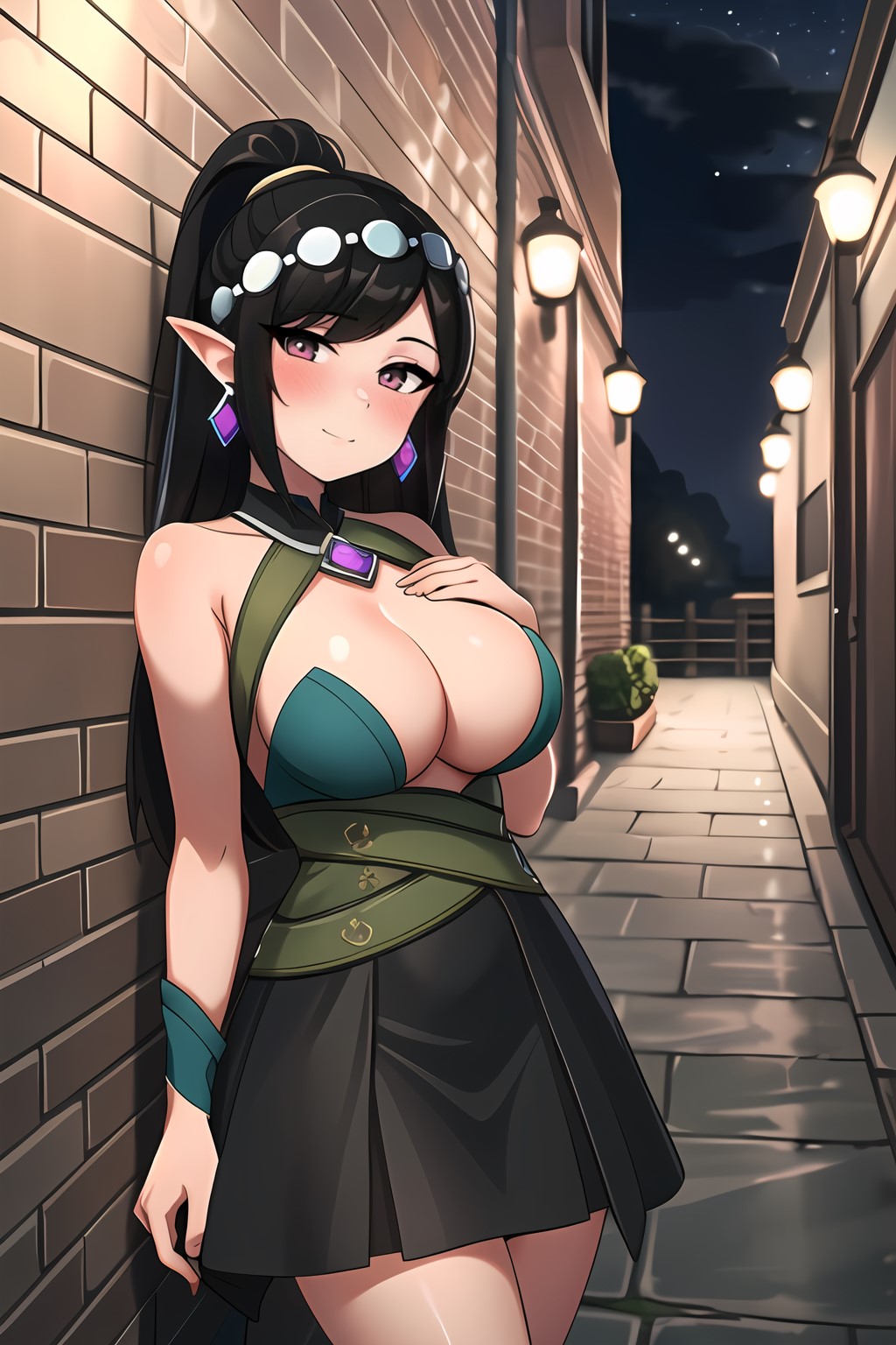 1girls ai_generated bare_shoulders black_hair blush cleavage closed_mouth elf elf_ears female female_only hand_on_chest long_hair looking_at_viewer paladins pointy_ears skirt smile solo stable_diffusion ying_(paladins)