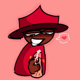 brown_skin cum_drip dave_and_bambi_mod expunged_(rapparep) handjob heart looking_at_penis low_quality red_hat red_shirt smiling