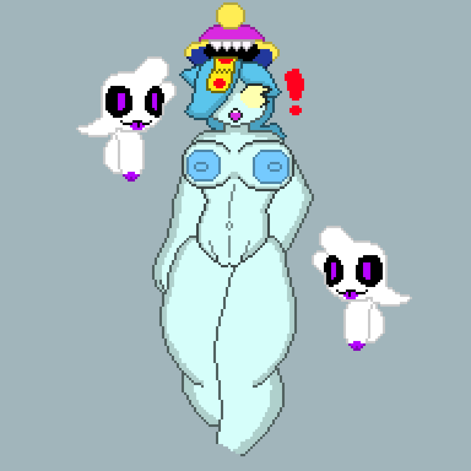 1girls 2boys blue_body blue_hair blue_nipples brawl_stars colette_(brawl_stars) ghost inspector_colette penis pixel_art pumpkinz6 squeak_(brawl_stars) white_body yellow_eyes