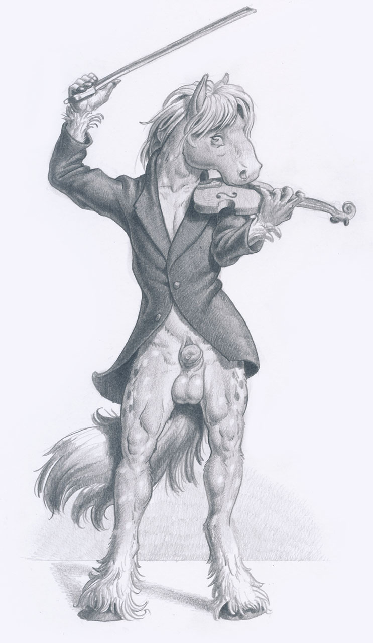 1boy 2015 andy_the_horse animal_genitalia anthro arjuna balls black_and_white clothing equine fur greyscale hair horse male male_only mammal monochrome musical_instrument nude penis playing_music sheath solo violin