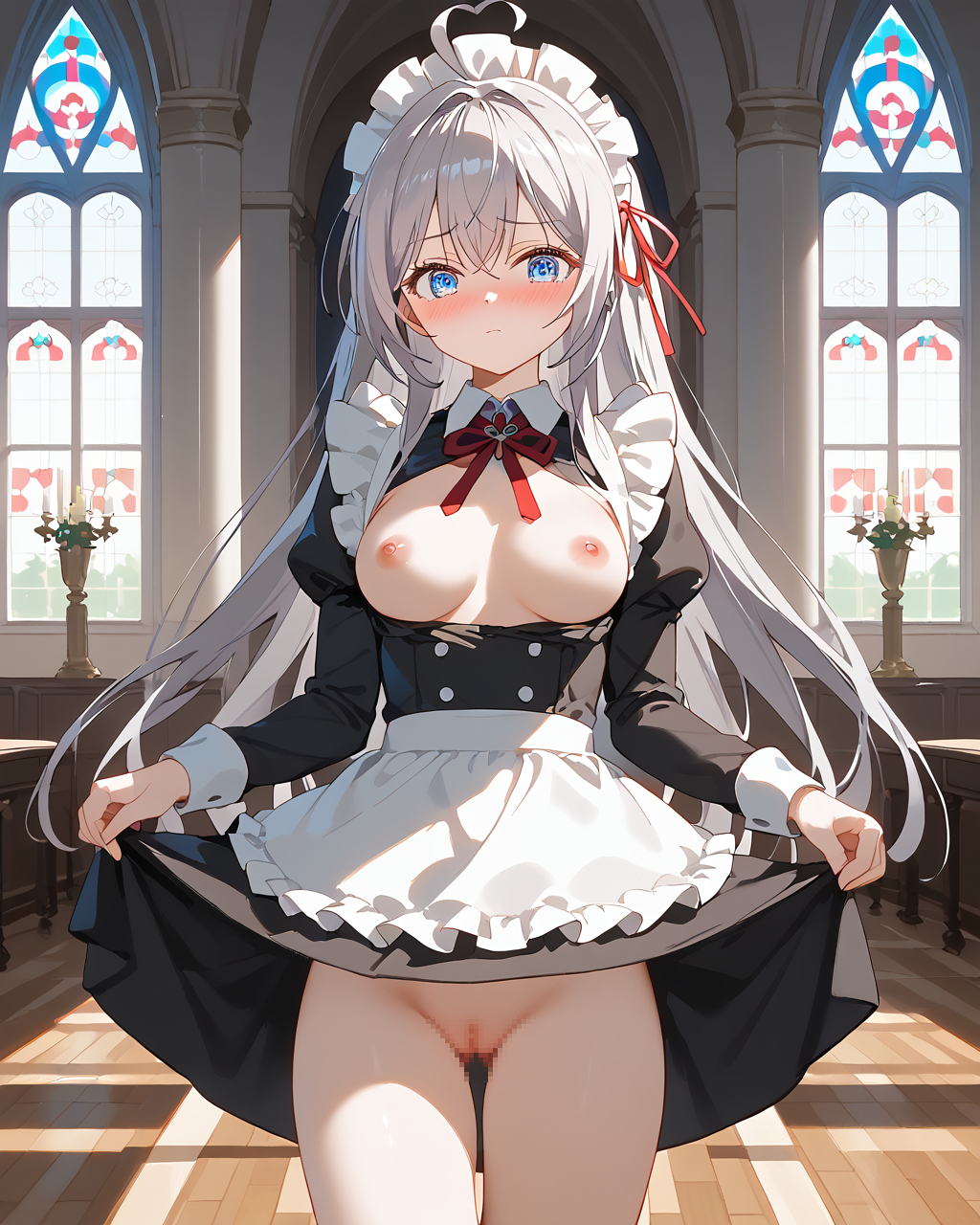 1female 1girls ai_generated alisa_mikhailovna_kujou breasts commentary_request english_commentary female female_only light_skin maid maid_outfit maid_uniform medium_breasts mixed-language_commentary normal_breasts presenting presenting_pussy solo solo_female tokidoki_bosotto_russian_de_dereru_tonari_no_alya-san