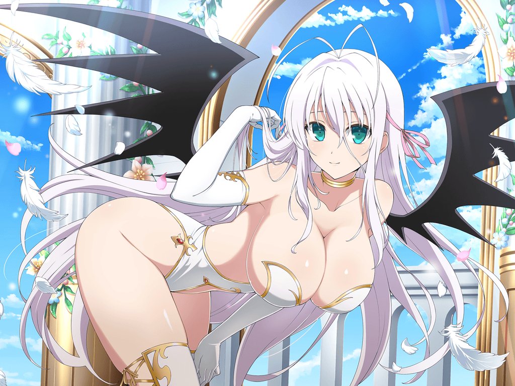 antenna_hair armpits ass_visible_through_thighs bare_shoulders big_breasts blue_eyes blush body_blush breasts choker cleavage closed_mouth collarbone crossover demon_wings elbow_gloves feathers gloves gold_trim high_school_dxd leotard long_hair official_art outdoors rossweisse senran_kagura_new_link shiny_skin sideboob smile solo_female thighs white_gloves white_hair white_leotard white_thighhighs yaegashi_nan zettai_ryouiki