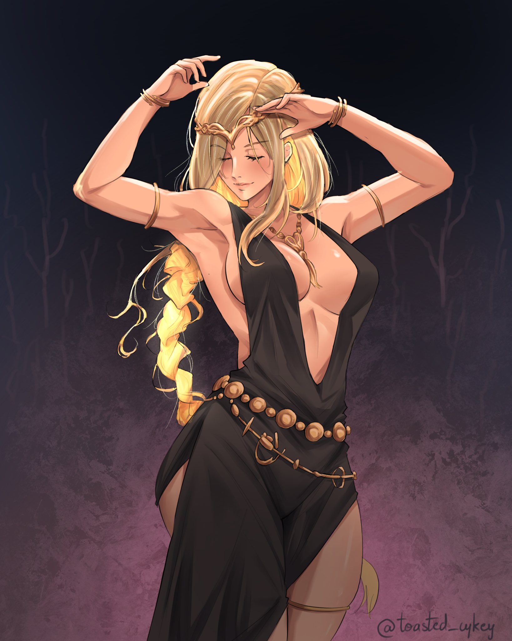 1girls, big breasts, blonde hair, breasts, cleavage, closed eyes, crown, deity, elden ring, female, female only, fromsoftware, queen marika the eternal, sideboob, thick thighs, toasted cykey