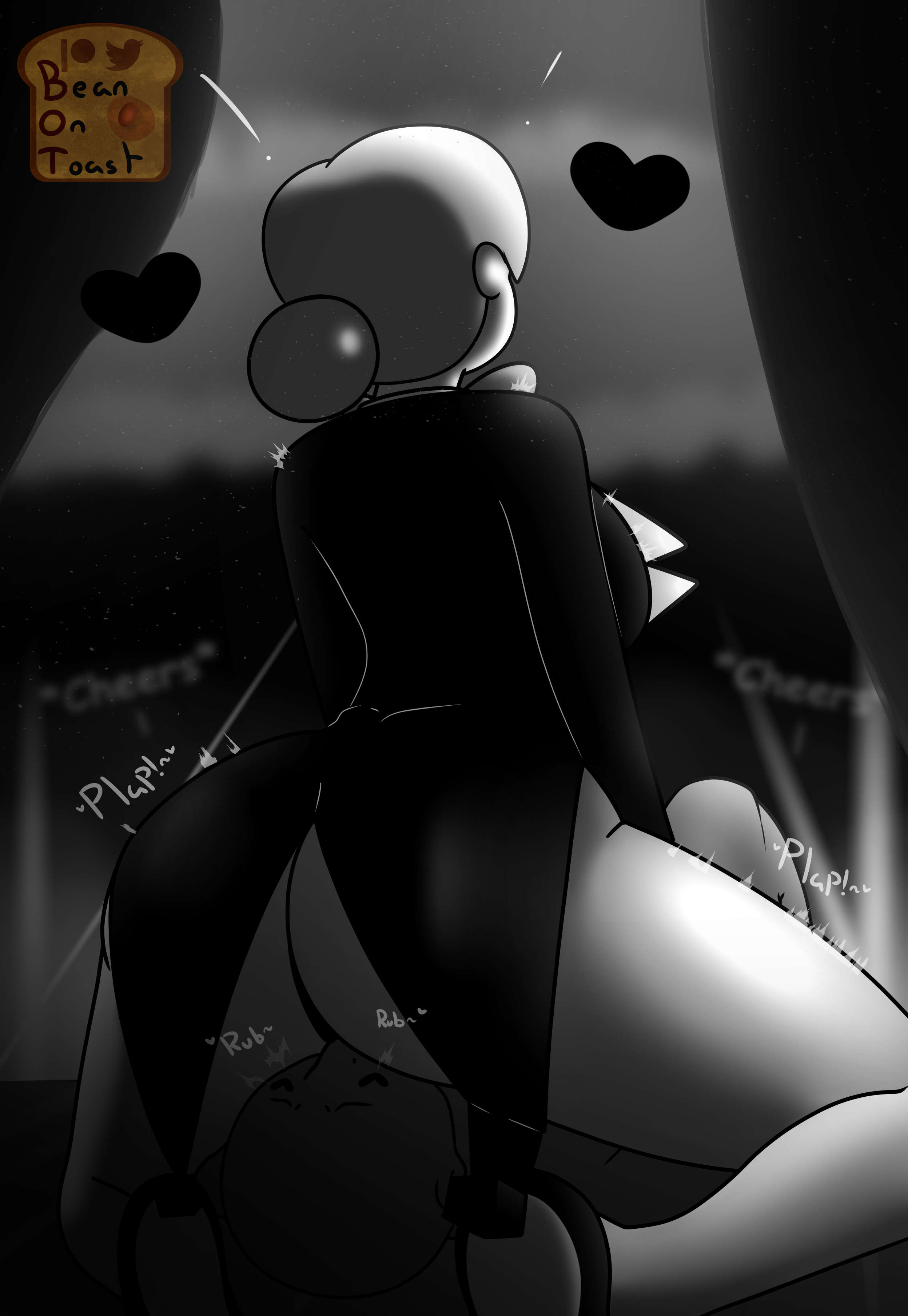 2024, 2d, 2d (artwork), 2d artwork, beanontoast, brenda (clover), clover (or3o), dialogue, eating pussy, faceless male, facesitting, female, female on top, grey background, male, monochrome, original character, plap, pussy, rubbing, sitting on face, thick thighs