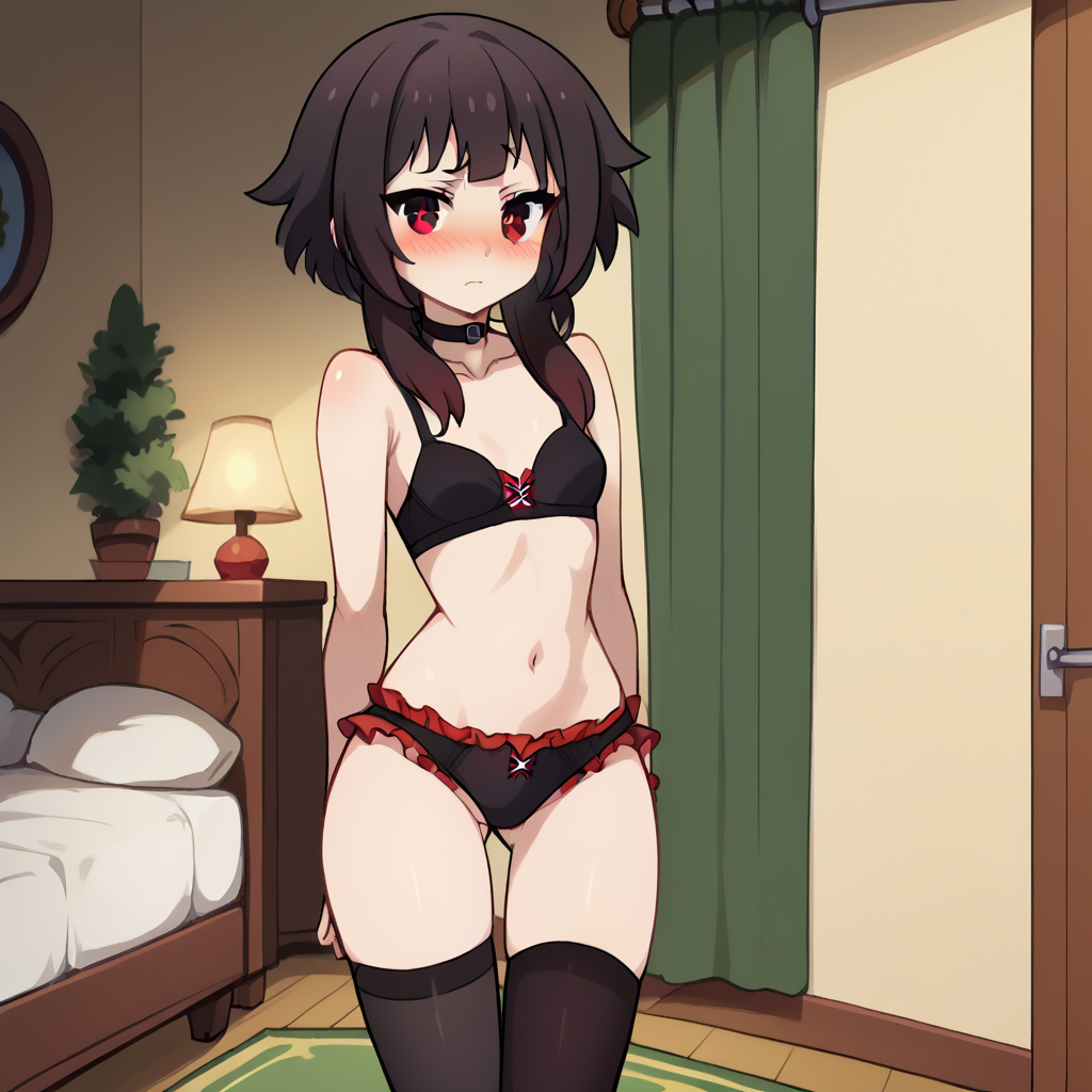 ai_generated bandaged_leg blush choker embarrassed kono_subarashii_sekai_ni_shukufuku_wo! looking_at_viewer megumin panties small_breasts stockings thigh_gap underwear