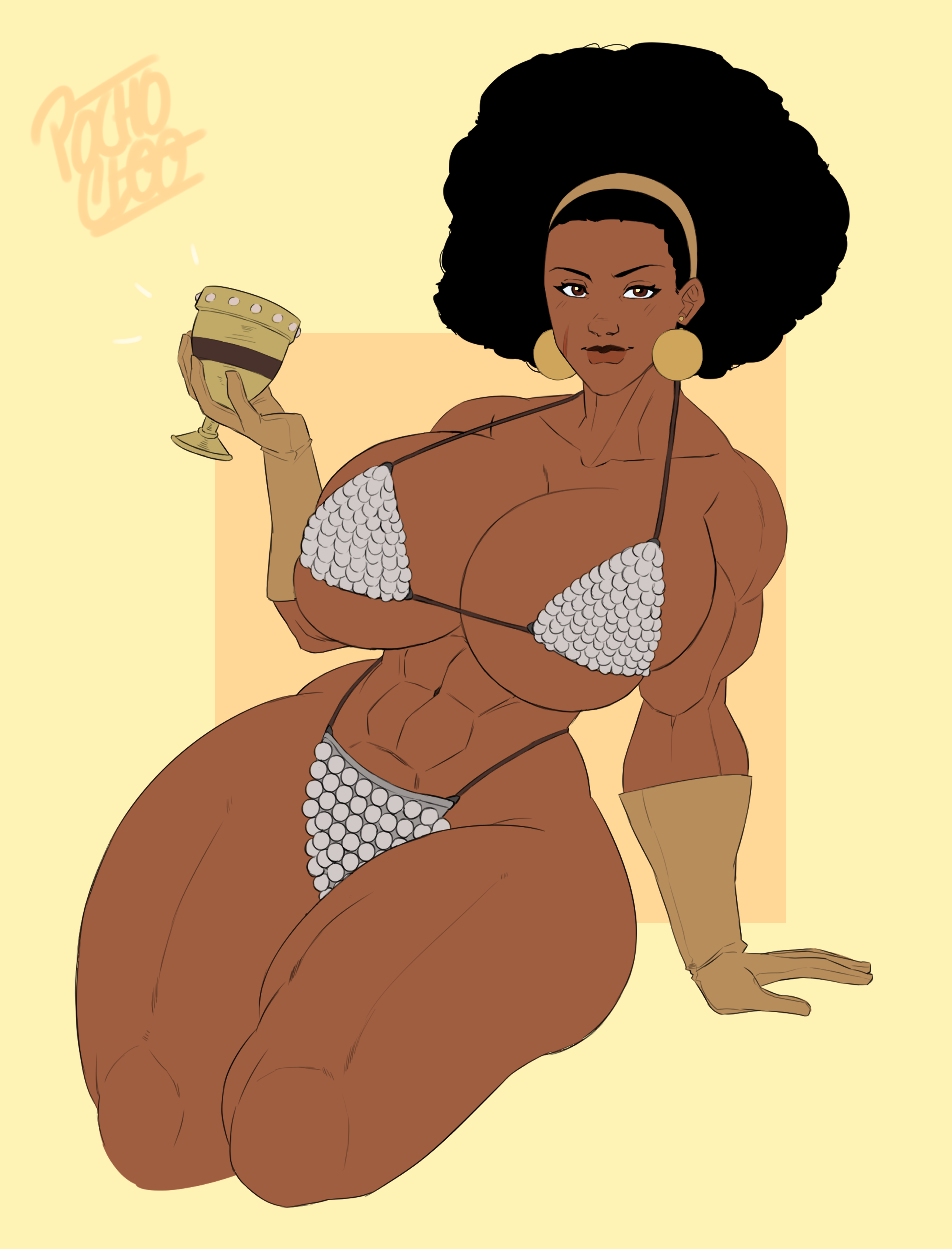 1girls, 2d (artwork), abs, african female, afro, barbarian, big breasts, bikini armor, breasts, cup, dark skin, dark-skinned female, earrings, female, gloves, huge breasts, looking at viewer, muscular, muscular female, muscular thighs, original character, pochoclogigi, sala rolle (mermaid kunoichi), scar on face, smile, smiling, smiling at viewer, solo female