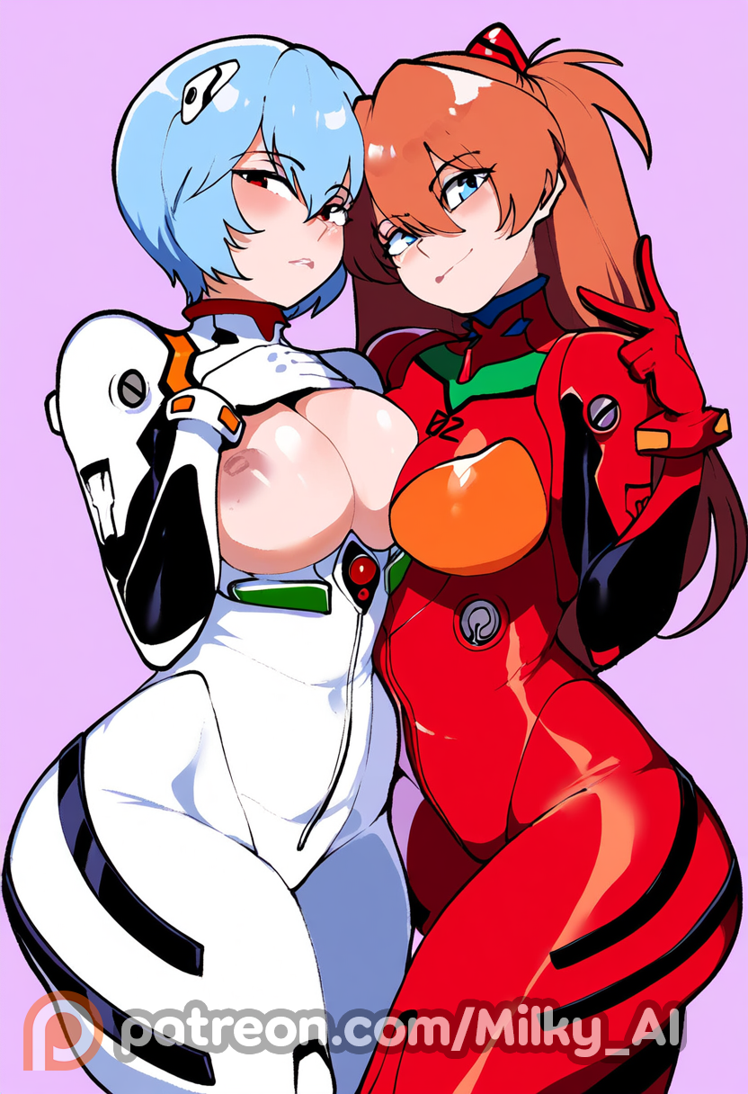 2girls ai_generated asuka_langley_sohryu big_breasts blue_eyes blue_hair bodysuit breasts breasts_pressed_together brown_hair curvy female hi_res human interface_headset light-skinned_female light_skin long_hair looking_at_viewer milky_ai neon_genesis_evangelion neopn_genesis_evangelion orange_hair pale-skinned_female pale_skin pilot_suit plugsuit portrait red_eyes rei_ayanami short_hair thiccwithaq_(ai_style) thick_thighs voluptuous wide_hips